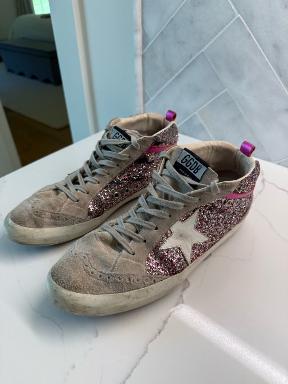 Golden Goose Gray Suede Sneakers with Pink Glitter Panels